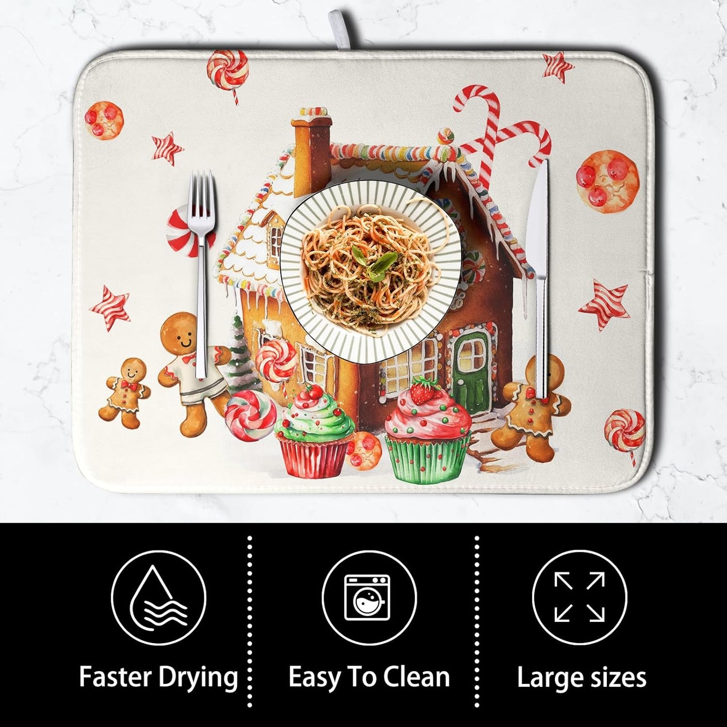 Christmas Dish Drying Mat for Kitchen Counter 16x18 Gingerbread House Man Candy Canes Cookie Cake Drying Mat for Dishes Xmas Winter Holiday Microfiber Drying Pad Dish Drying Pad for Coffee Bar Sink