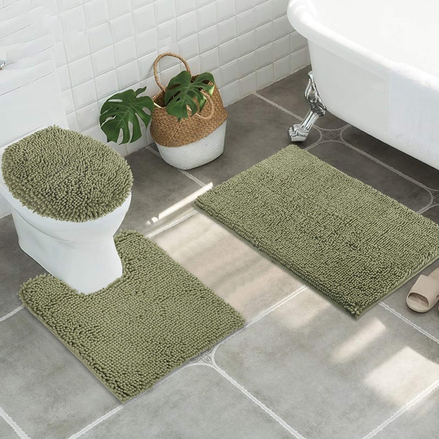 ITSOFT 3pc Non-Slip Shaggy Bathroom Mat Set, Includes 24 x 21 Inches U-Shaped Contour Toilet Rug, 34 x 21 Inches Bathmat and 1 Toilet Lid Cover, Sage Green