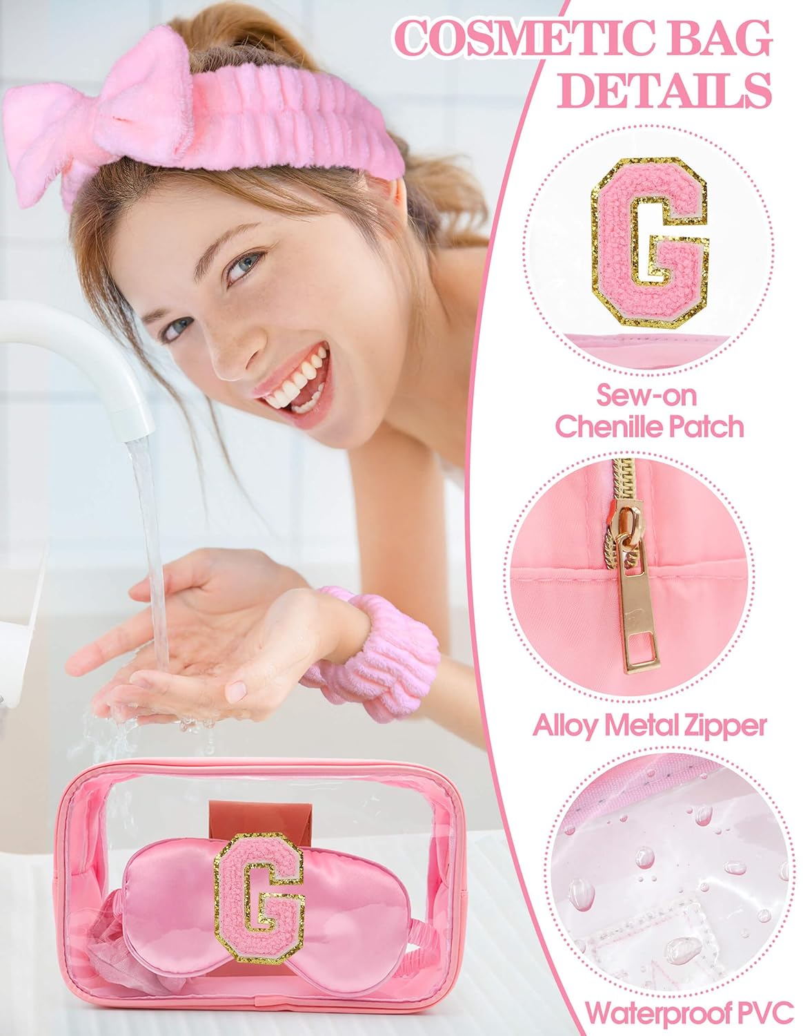 Gift Sets for Women, Initial Makeup Bag with Makeup Brush Set Bachelorette Party Favors, Pink Spa Kit with Skincare Headbands Wrist Bands Sleepover Party Supplies Gifts for Teen Girls Bridesmaid G