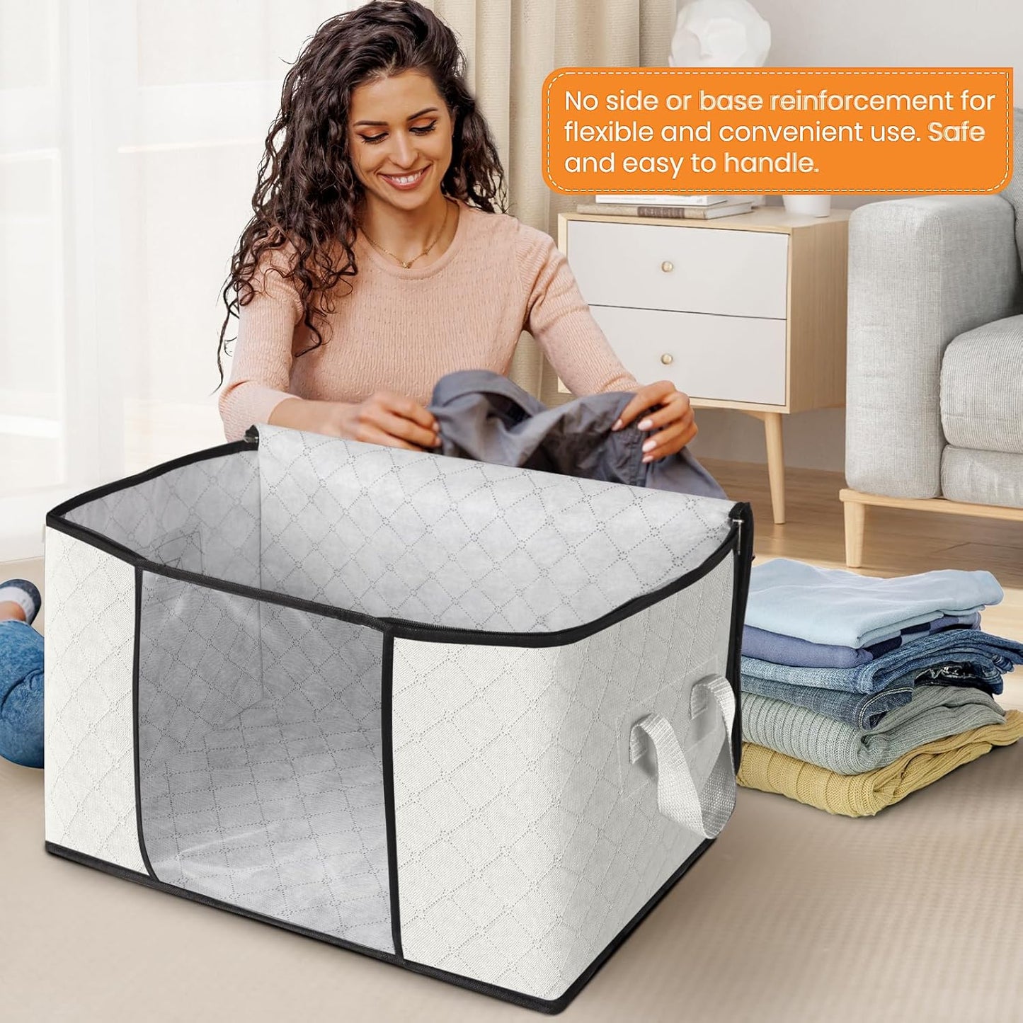 Fab totes 24 Gallons Clothes Storage, Foldable Thick Fabric Blanket Storage Bags, Containers for Organizing Bedroom, Closet, Clothing, Comforter, Organization with Handle (10 Pack,Ivory)