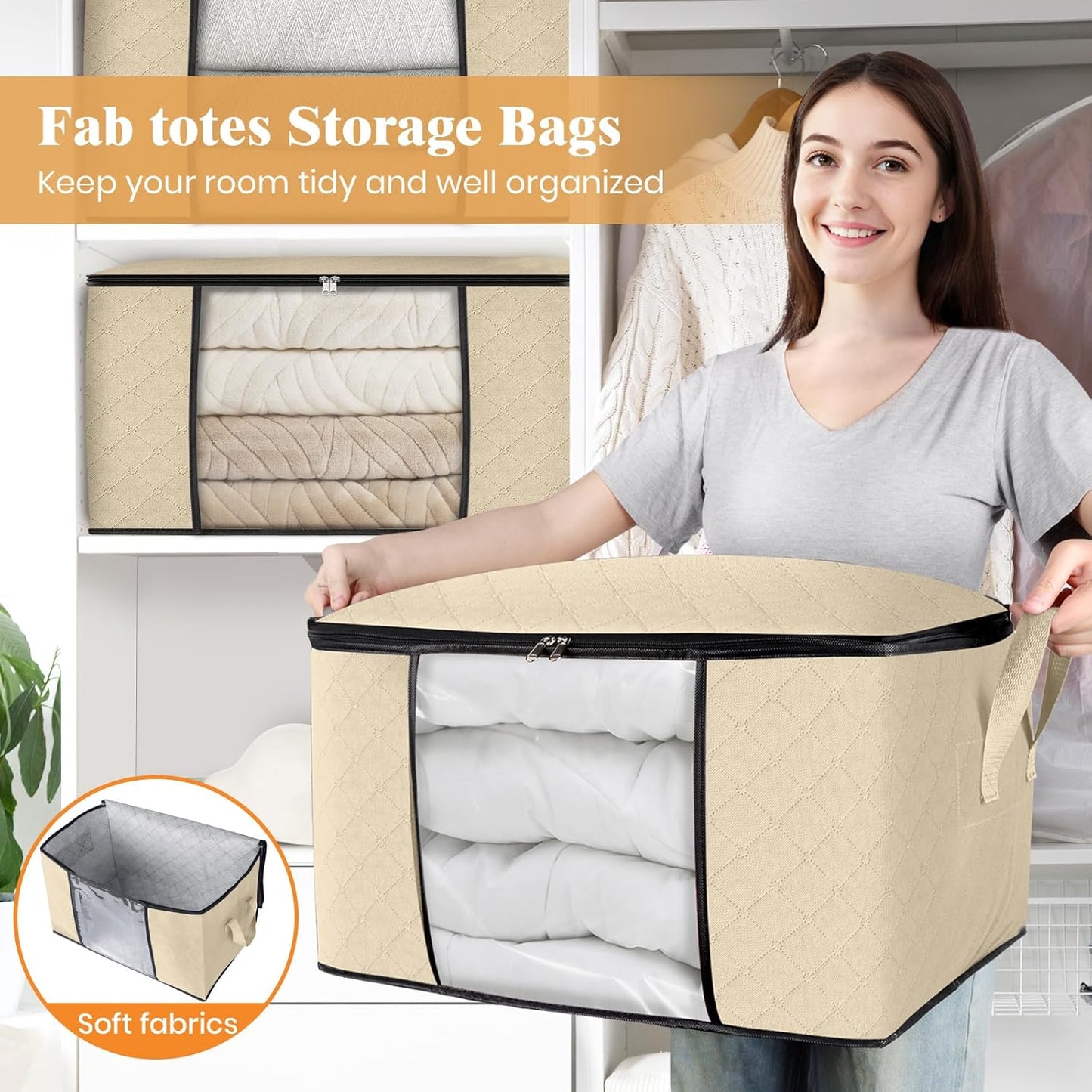 Fab totes 6 Pack Clothes Storage, Foldable Thick Fabric Blanket Storage Bags, Containers for Organizing Bedroom, Closet, Clothing, Comforter, Organization with Handle,Beige