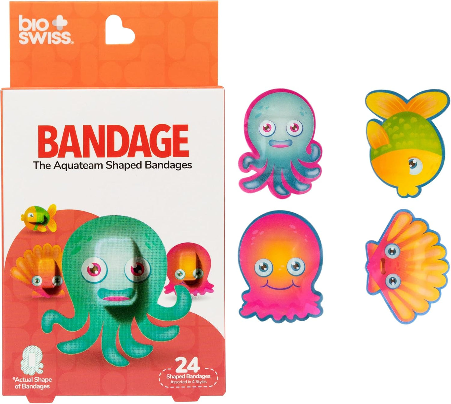 BioSwiss Kids Bandages, Aquateam Sea Creatures Shaped Self Adhesive Bandage Set, Latex Free, Sterile Wound Care, 24 Count