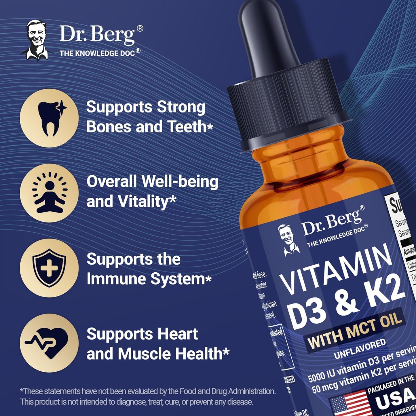 Dr. Berg Maximum Strength Vitamin D3 K2 Liquid Drops with MCT Oil – 5,000 IU Liquid Vitamin D3 with K2 – Supports Strong Bones, Heart, Energy, Immunity, and Overall Vitality* - Unflavored 1 Fl Oz