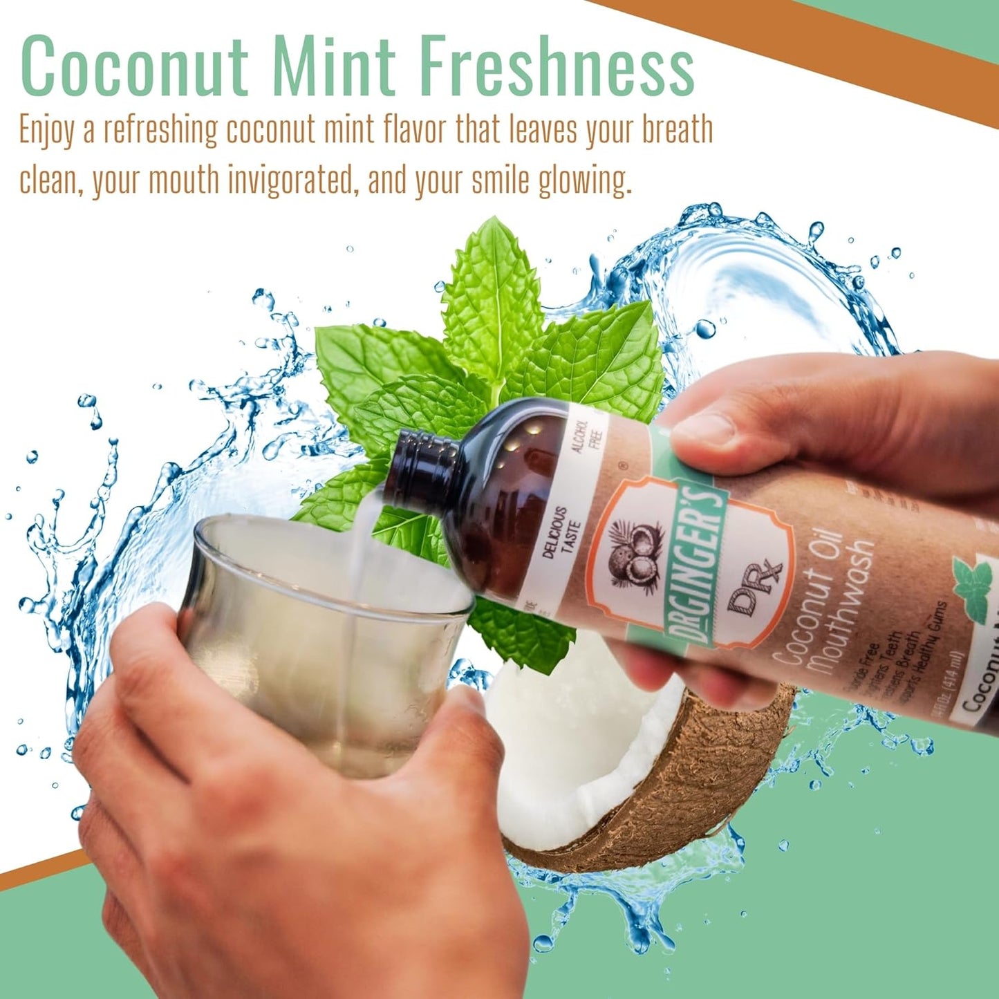 Dr. Ginger’s Coconut Oil Pulling Alcohol Free Mouthwash - Mint Flavor, 14 fl oz, 2pcs - Support Gum Health, Tongue, and Teeth Whitening for Adults, Fluoride Free, All-Natural, with Xylitol