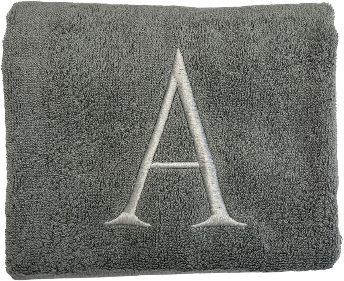 Gray Initial Hand Towel for Bathroom - Monogrammed Luxury Hotel Quality Decorative Embroidered Towel for Powder Room, Spa - GOTS Organic Certified - Set of 2 Silver Letter F