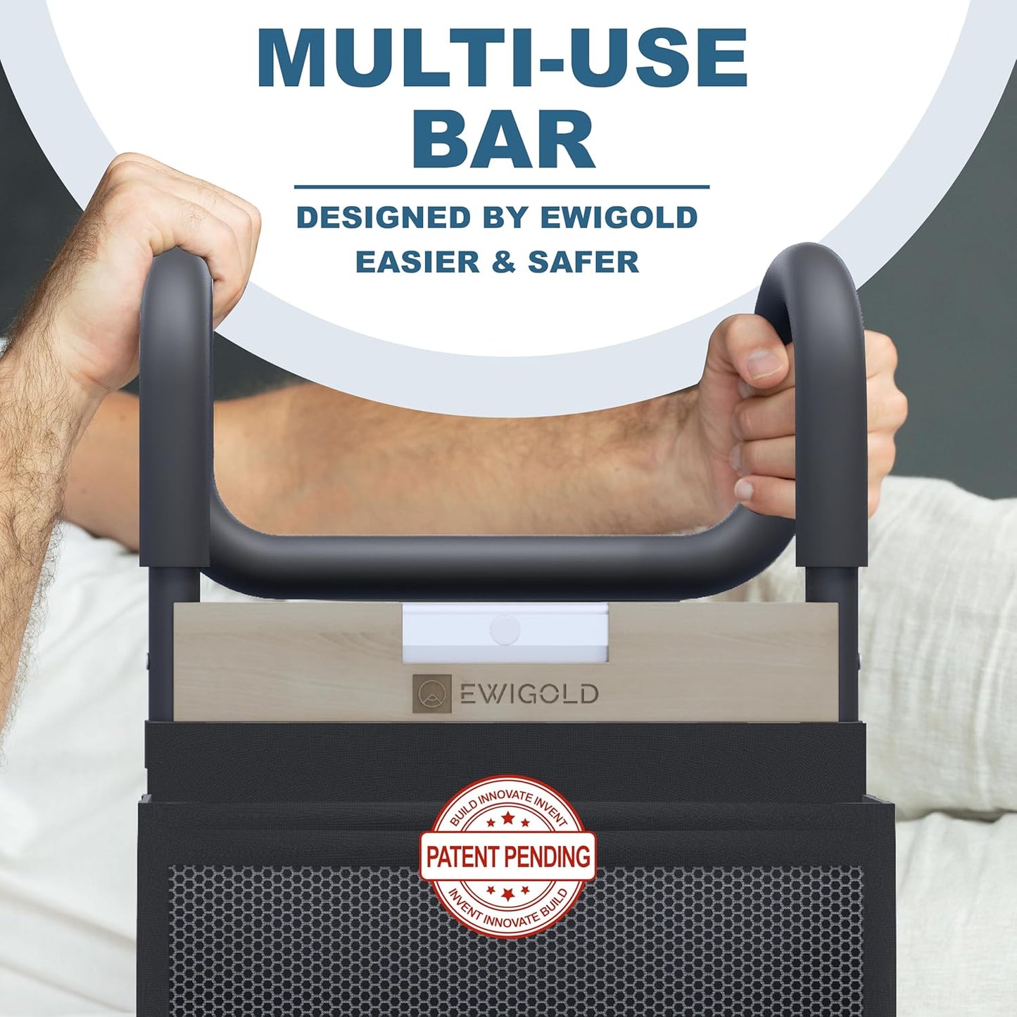 Bed Rails for Elderly Adults Safety - Bed Assist Rail with Height-Adjustable Handle - Bedside Hand Guard Grab Bar with Motion Light and Storage Pocket - Bedside Assist Bar Fits All Bed Sizes