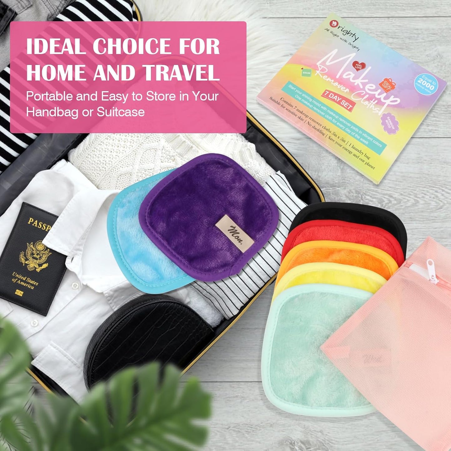 Orighty Makeup Remover Cloths 7-Day Set, Premium & Reusable Makeup Remover Pads, Erase Make-up With Just Water, Make-up Set For Eyes, Lips, Foundation and more, Ideal Choice For Women (Rainbow)
