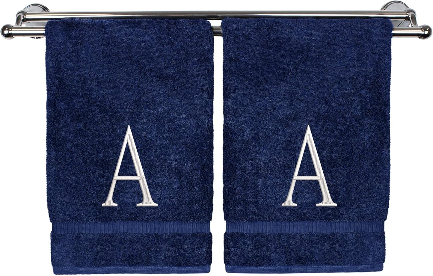 Monogrammed Hand Towel, Personalized Initial Gift, Extra Absorbent 100% Turkish Cotton - Soft Terry Finish - Set of 2 - White Block Initial A - Embroidered on Navy Blue Towels