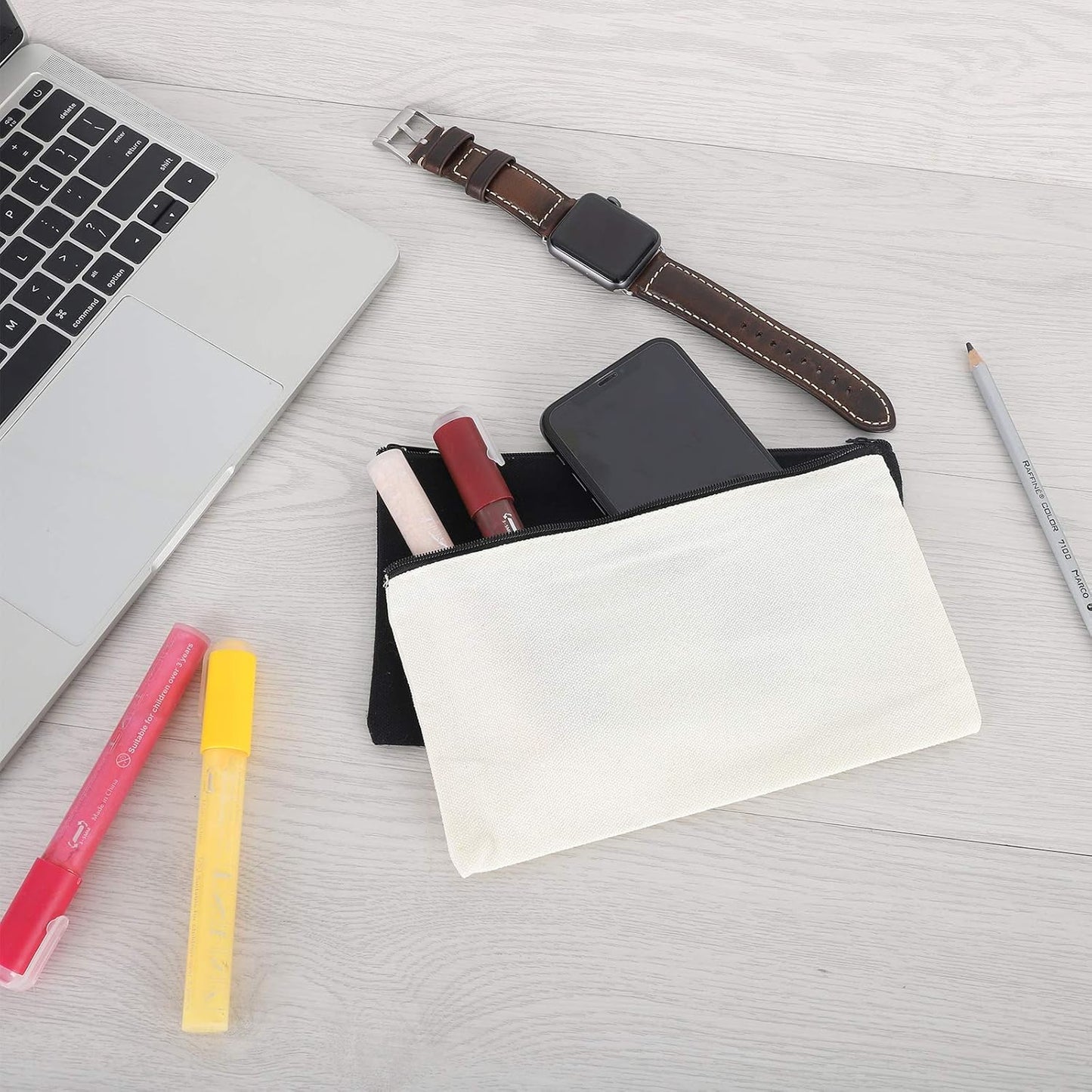 12 Pieces Cotton Canvas Makeup Bag, Multipurpose Cosmetic Bag with Zipper Travel Toiletry Pouch, Blank DIY Craft Bag (Grey, L)