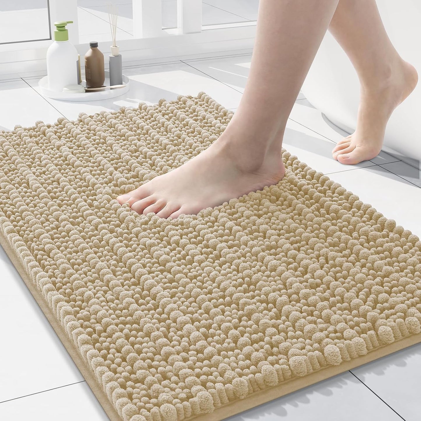 Arotive Luxury Chenille Bathroom Rug Mat, Extra Soft Thick Absorbent Shaggy Bath Rugs, Non-Slip Machine Wash Dry, Plush Bath Mats for Bathroom, Shower and Tub, 24x16, Beige