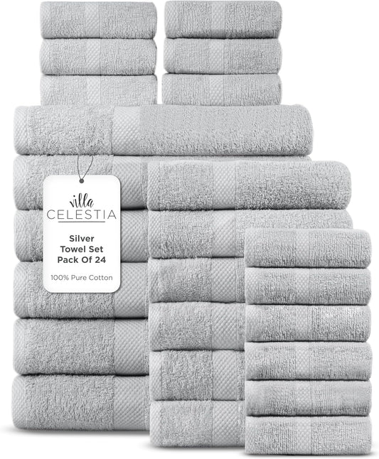 100% Cotton Bath Towel Set of 24-6 Bath Towels, 6 Hand Towels, 12 Wash Cloths, Sustainable, Soft, Highly Absorbent, Combed Cotton 24 Piece Set for Hotels, Spa, Bathroom, Dorm, Silver