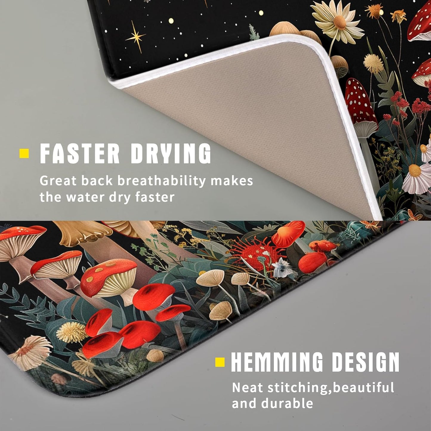 Black Mushroom Dish Drying Mat for Kitchen Counter Leaves Botanical Microfiber Dish Rack Mat Drainer Pad Washable Absorbent Dry Mat 16x18 Inch