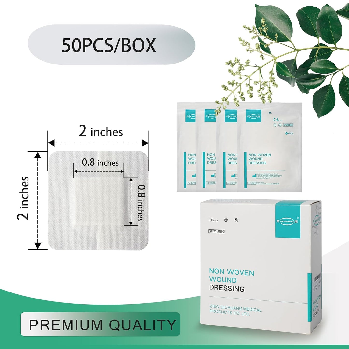 2X2 Inches Sterile Adhesive Island Wound Dressing Bandages - Non Woven Bordered Gauze Pads, 50 Individually Pack, Medical Grade by QICHUANG(2X2INCHES-C50)