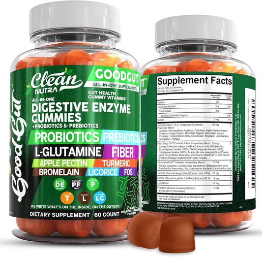 Clean Nutraceuticals Digestive Enzymes with Probiotics & Prebiotics for Digestive Health Gummies & L-Glutamine for Gut Health Bromelain Apple Pectin Inulin FOS Plant Based Vegan Gummy Vitamins