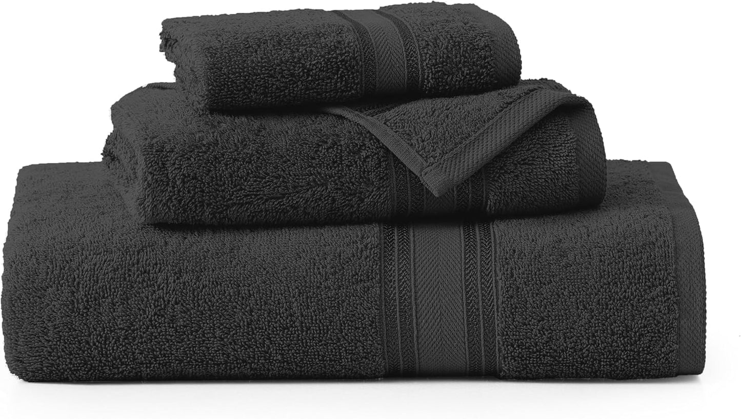 LANE LINEN Luxury Towels Set - 3 Piece Set, 100% Cotton Bathroom Towels, Zero Twist, Quick Dry Shower Towels, Absorbent Bath Towel, Super Soft, 1 Bath Towel, 1 Hand Towel, 1 Wash Cloths - Black