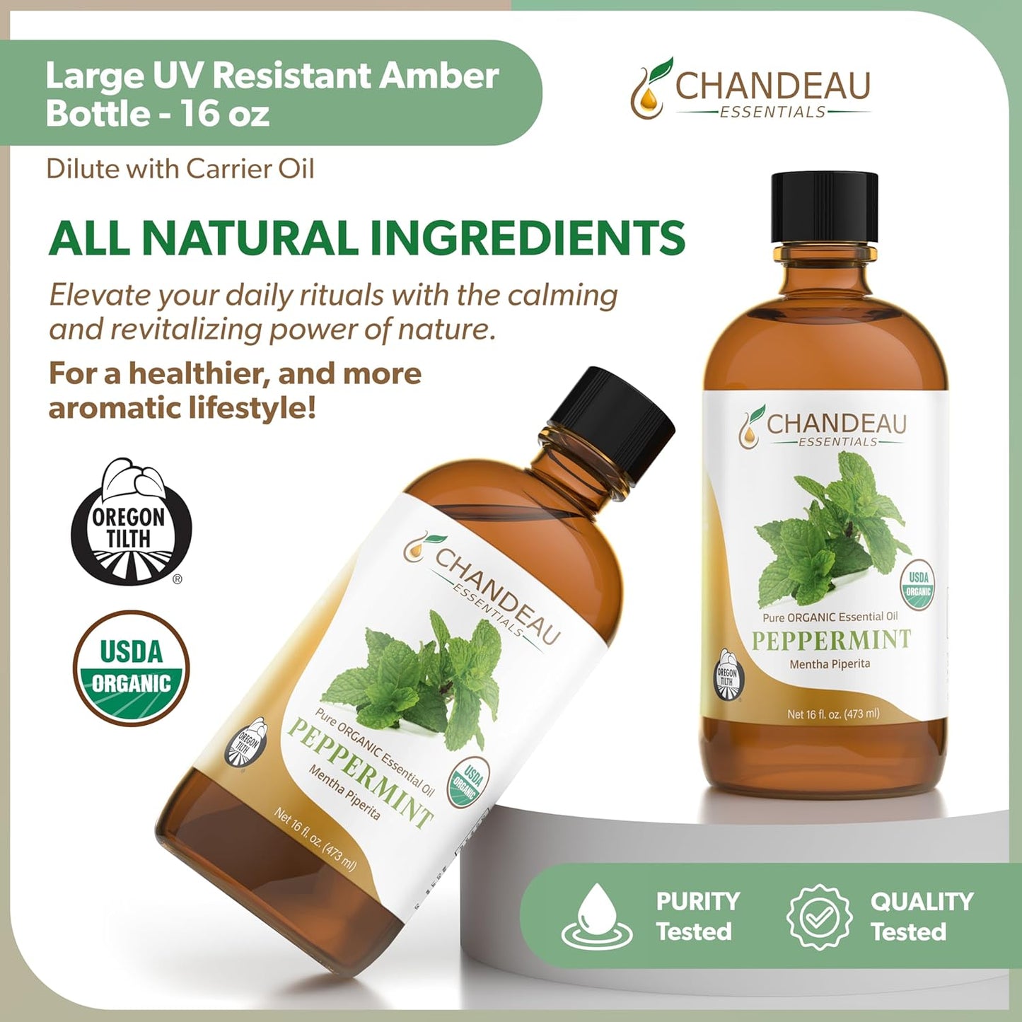 100% Pure Organic Essential Oil, Pure Peppermint Essential Oil for Aromatherapy, Soap Making, Candles, Laundry, Perfume, Cleaners or Diffusers - Large Amber Glass Bottle, 16 oz.