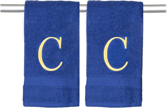 Navy Initial Hand Towel for Bathroom - Monogrammed Luxury Hotel Quality Decorative Embroidered Towel for Powder Room, Spa - GOTS Organic Certified - Set of 2 Letter C
