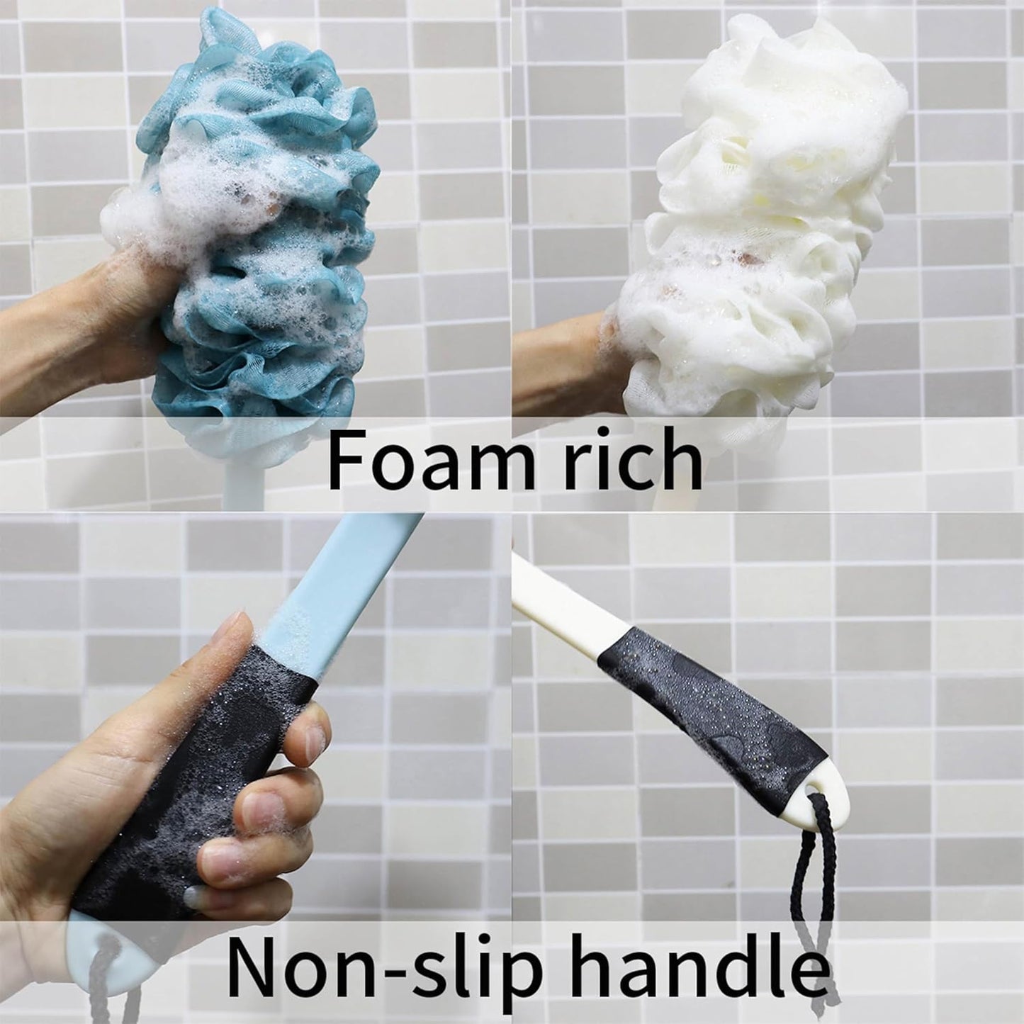 2Pack Back Scrubber for Shower, Loofah with Handle, Back Loofah Non-Slip Handle, Bath Body Brush, Scrub Cleaning Brush for Shower, Soft Mesh Sponge On a Stick for Men Women Elderly (Blue and White)