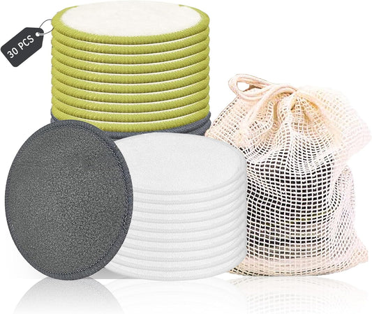 Reusable Bamboo Charcoal Makeup Remover Pads - 30 Count Washable Makeup Remover Pads, Reusable Cotton Rounds for Face, Double-Sided Washable Bamboo Cotton Rounds with Mesh Bag for Storage