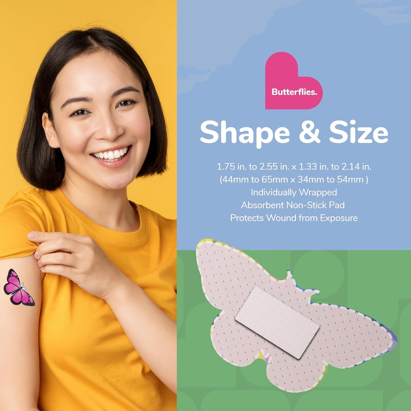 BioSwiss Kids Bandages, Butterfly Shaped Self Adhesive Bandage Set, Latex Free, Sterile Wound Care, 50 Count