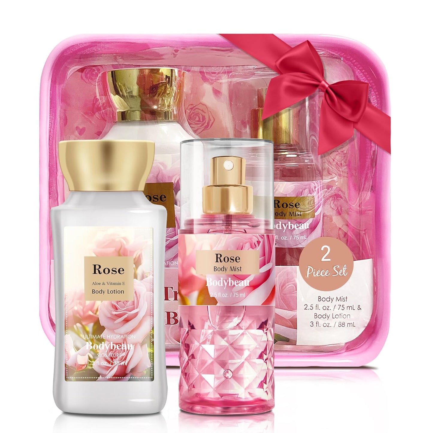 Bath and Body Gift Set for Women & Girls, Rose 2PCS Set for - Body Lotion, Body Mist, Personal Portable Body Care Travel Set for Birthday Mother's Day Gifts for Her and Him