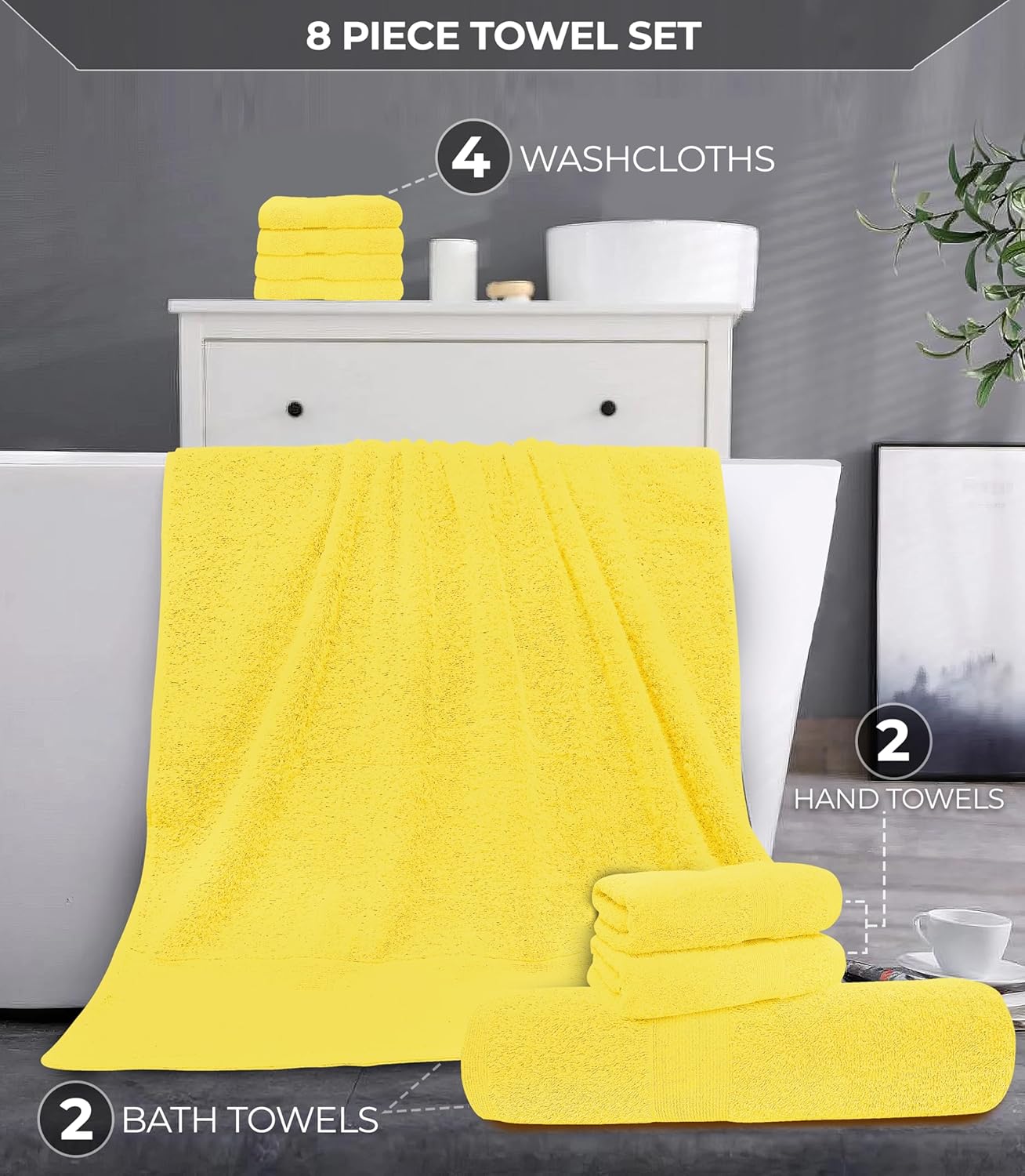 Luxury 8 Piece Towel Set, 2 Bath Towels 2 Hand Towels 4 Washcloths, Towels for Bathroom, Home, Spa & Gym - Highly Absorbent Ultra Soft Quick-Dry (Yellow)