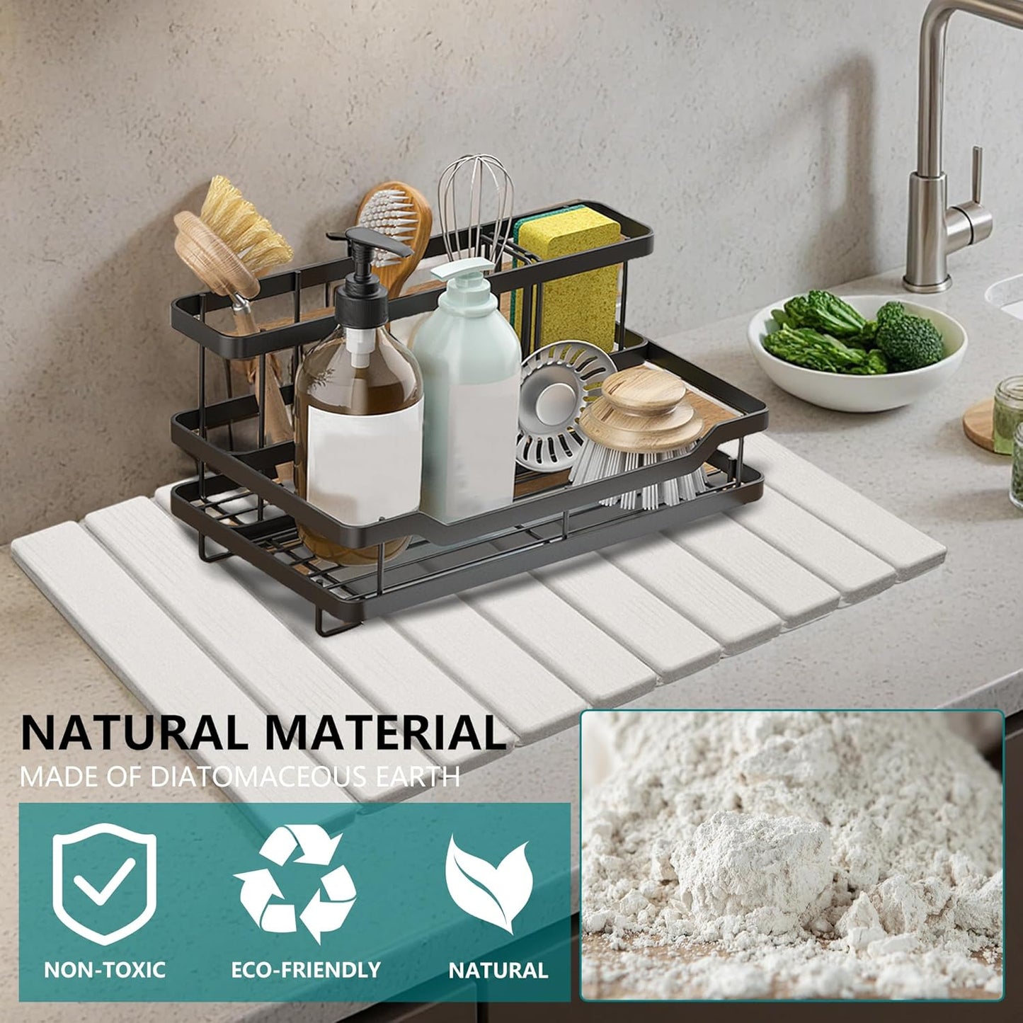 Stone Drying Mat for Kitchen Counter, Quick Dry Absorbent Collapsible Dish Drying Mat, Eco-Friendly Absorbent Diatomaceous Earth Mats for Dishes Bottles Cups Bathroom Any Counterop 24" x 15"