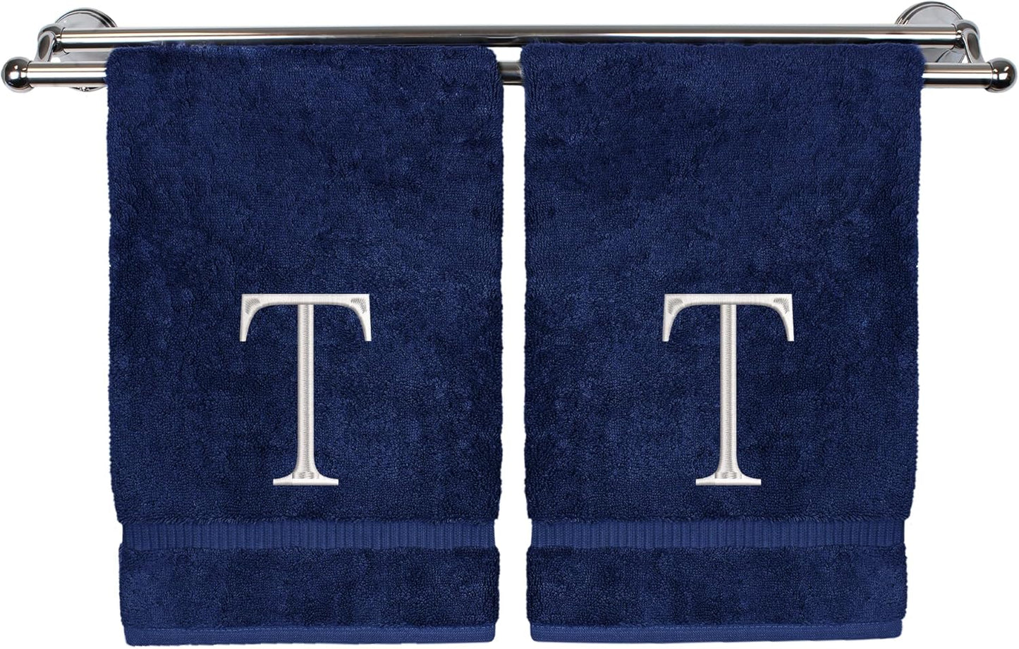 Monogrammed Hand Towel, Personalized Initial Gift, Extra Absorbent 100% Turkish Cotton - Soft Terry Finish - Set of 2 - White Block Initial T - Embroidered on Navy Blue Towels