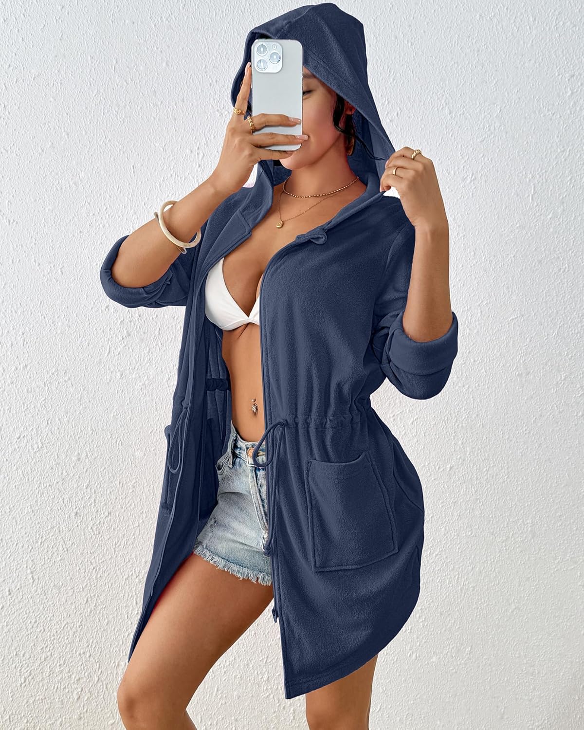 Bsubseach Terry Cloth Cover Up - Women Zip Up Long Sleeve Swimsuit Coverup Hooded Bath Robes with Pockets