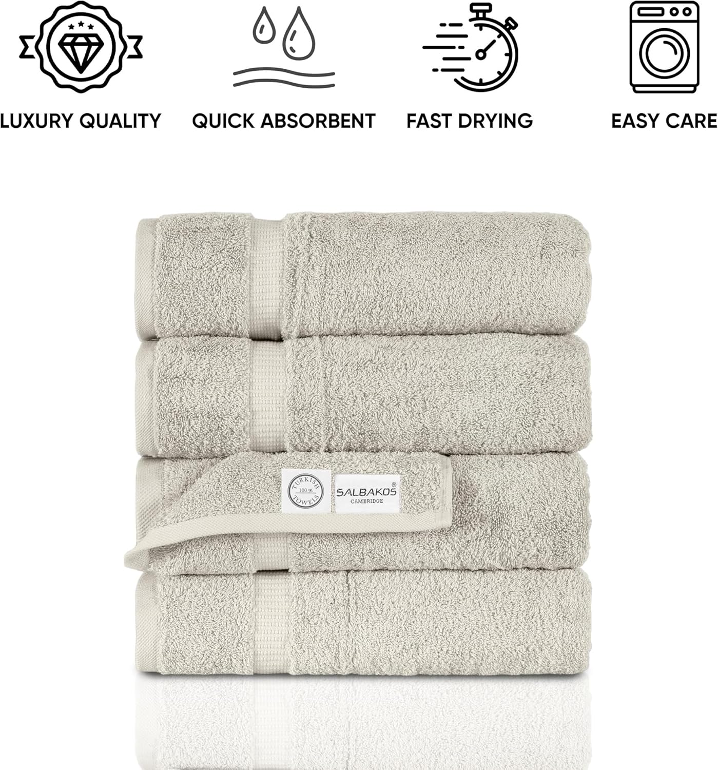 SALBAKOS 100% Turkish Cotton Bath Towel Set of 4 27x54 inch | Heirloom Quality | Hotel & Spa Collection | Ultra Soft, Super Absorbent, Long Lasting Bath Towels | Made in Turkey (Stone, 4 Bath Towels)