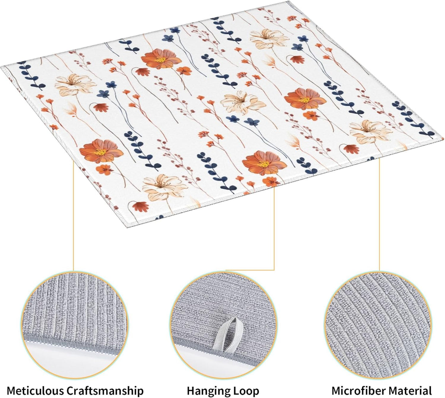 Watercolor Orange Floral Dish Drying Mat for Kitchen Counter Washable Absorbent Reversible Microfiber Orange Flower Decorative Drying Pad Kitchen Accessories 16"x18"