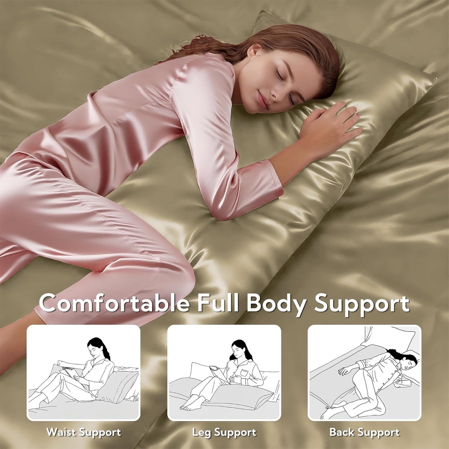 MR&HM Satin Body Pillow Cover, Soft and Breathable Body Pillow Case with Envelope Closure, Cooling and Silky Long Pillowcase for Hair and Skin,Grey (20x54, Taupe)