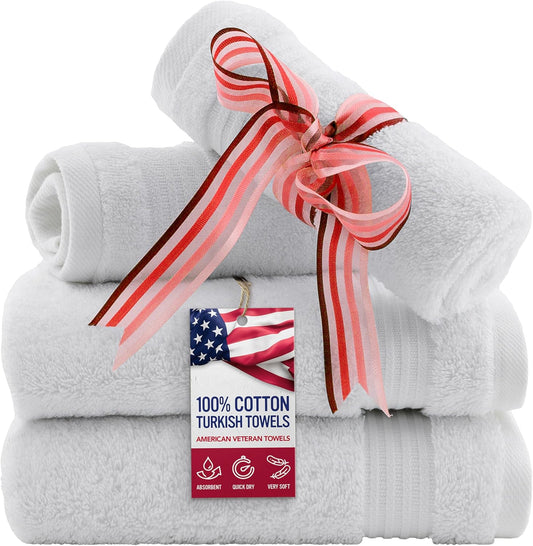 American Veteran Towel, 100% Cotton Turkish Washcloths for Bathroom Essentials 4 Pack, Soft Absorbent Wash Cloths Quick Drying Small Towels Washrags, White