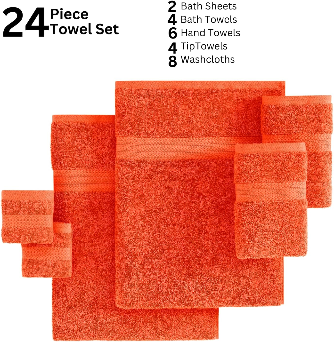 LANE LINEN 100% Cotton 24 Piece Bathroom Towel Set - Ring Spun, Quick Dry, Ultra Soft & Absorbent - 2 Bath Sheets, 4 Fingertip, 4 Bath, 6 Hand Towels, 8 Washcloths - Oeko Tex Certified - Tiger Lily