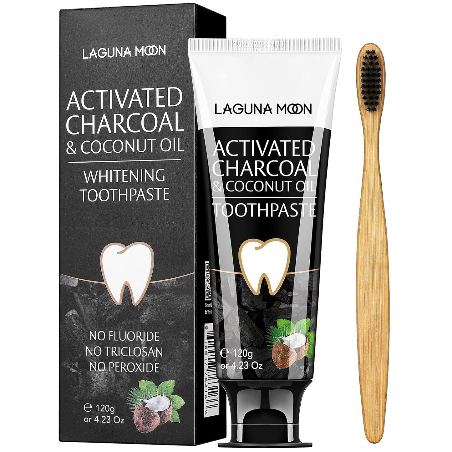 Lagunamoon Whitening Charcoal Toothpaste for Sensitive Teeth, Enamel Repair, Cavity Protection - Natural Toothpaste for Whitening, Removing Stains, Mint Flavor Freshen Breath Mint Gel - No Peroxide