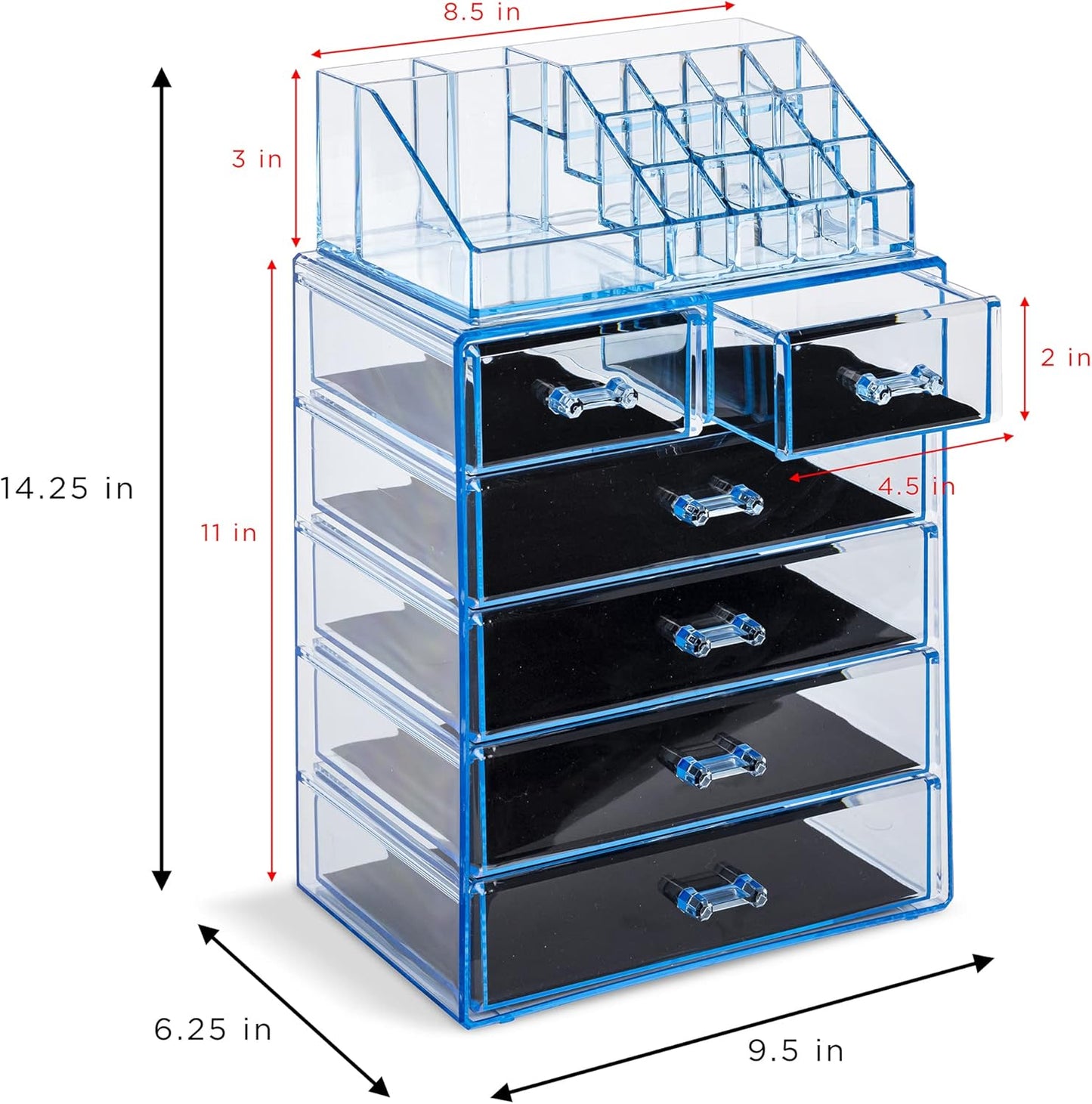 Sorbus Clear Cosmetic Makeup Organizer - Make Up & Jewelry Storage, Case & Display - Spacious Design - Great for Dresser, Bathroom, Vanity & Countertop (4 Large, 2 Small Drawers) [Blue Brilliance]