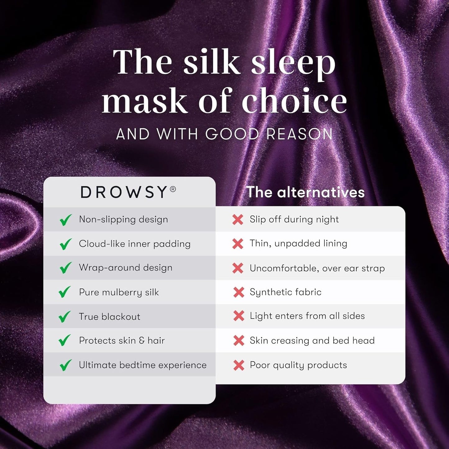 DROWSY Silk Sleep Mask - Face-Hugging, Padded Cocoon for Luxury Sleep in Total Darkness - 100% Pure Mulberry Silk (Purple Martini)