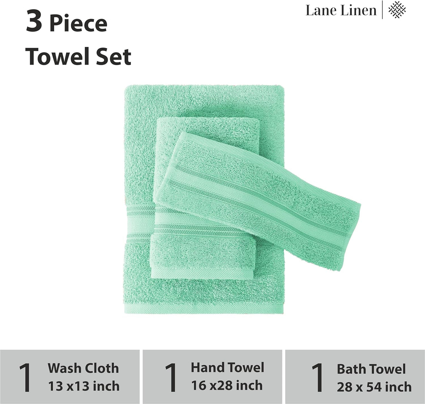 LANE LINEN Luxury Bath Towels Set - 3 Piece Set, 100% Cotton Bathroom Towels, Zero Twist, Quick Shower Towels, Absorbent Bath Towel, Super Soft, 1 Bath Towel, 1 Hand Towel, 1 Wash Cloths - Aqua Sky