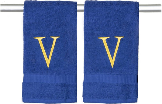 Navy Initial Hand Towel for Bathroom - Monogrammed Luxury Hotel Quality Decorative Embroidered Towel for Powder Room, Spa - GOTS Organic Certified - Pack of 2, Letter V