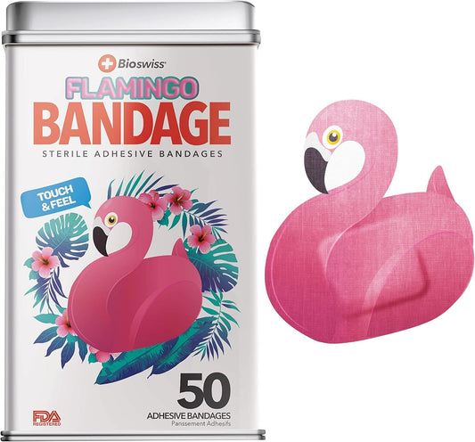 BioSwiss Kids Bandages, Flamingo Shaped Self Adhesive Bandage Set, Latex Free, Sterile Wound Care, 50 Count