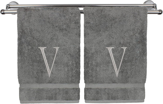 Monogrammed Hand Towel, Personalized Initial Gift, Extra Absorbent 100% Turkish Cotton - Soft Terry Finish - Set of 2 - Silver Block Initial V - Embroidered on Grey Towels