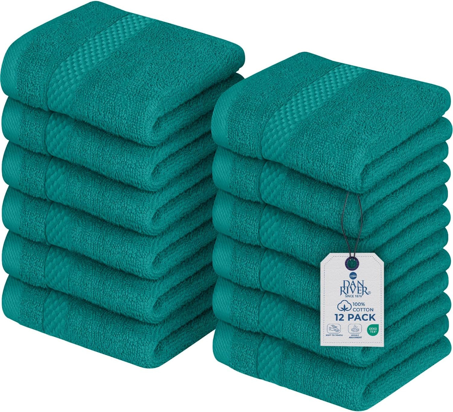 DAN RIVER 12-Pack Premium 100% Cotton Teal Face Towels – Reusable Face Towel Set, Soft & Absorbent Face Cloths for Bathroom & Body – Hand and Face Towels, 550 GSM (12x12 in)