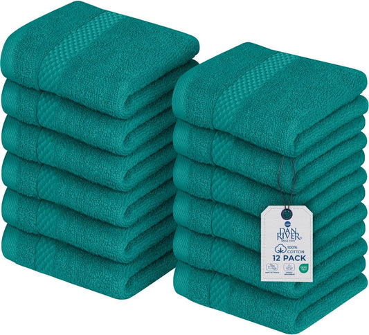 DAN RIVER 12-Pack Premium 100% Cotton Teal Face Towels – Reusable Face Towel Set, Soft & Absorbent Face Cloths for Bathroom & Body – Hand and Face Towels, 550 GSM (12x12 in)