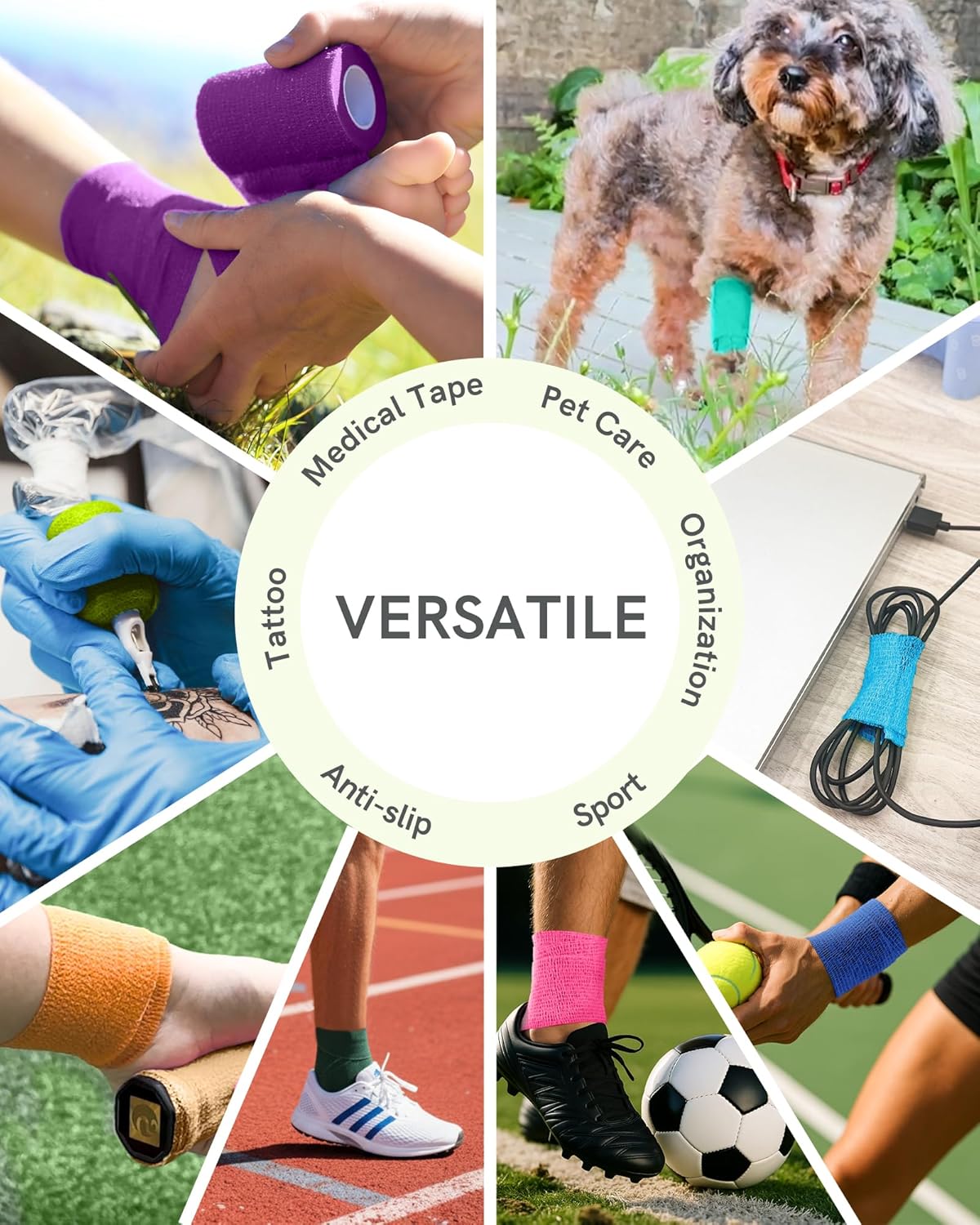 FriCARE Self Adhesive Bandage Wrap, Medical Tape in First Aid Kit, Cohesive Bandages for Wounds Sport Vet, 2 Inches X 5 Yards 12 Rolls, Rainbow