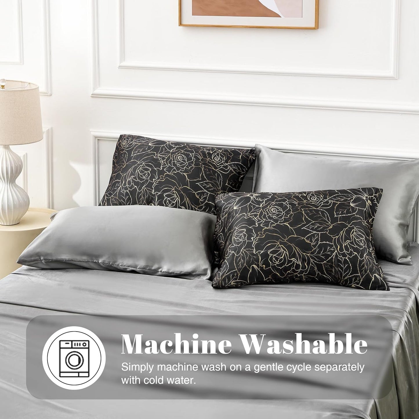 EXQ Home Satin Pillowcase for Hair and Skin Queen - Printed Rose on Black Silk Pillowcase 2 Pack 20x30 inches - Satin Pillow Cases Set of 2 with Envelope Closure, Gifts for Women Men