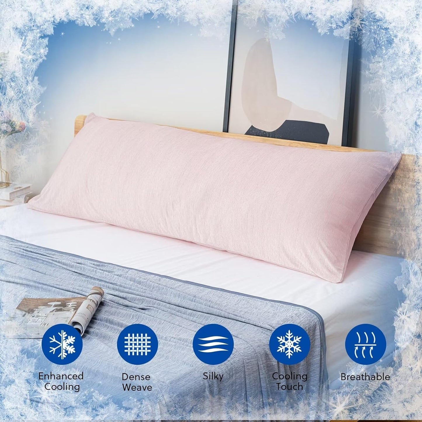 HOMFINE Cooling Pillowcase Body Size - Double Side Q-Max 0.439 Cooling Fiber for Pillow Protector, Breathable Long Cold Pillow Cover for Hot Sleeper Night Sweat, Hidden Zipper, 1 Pack (20"x54", Pink)