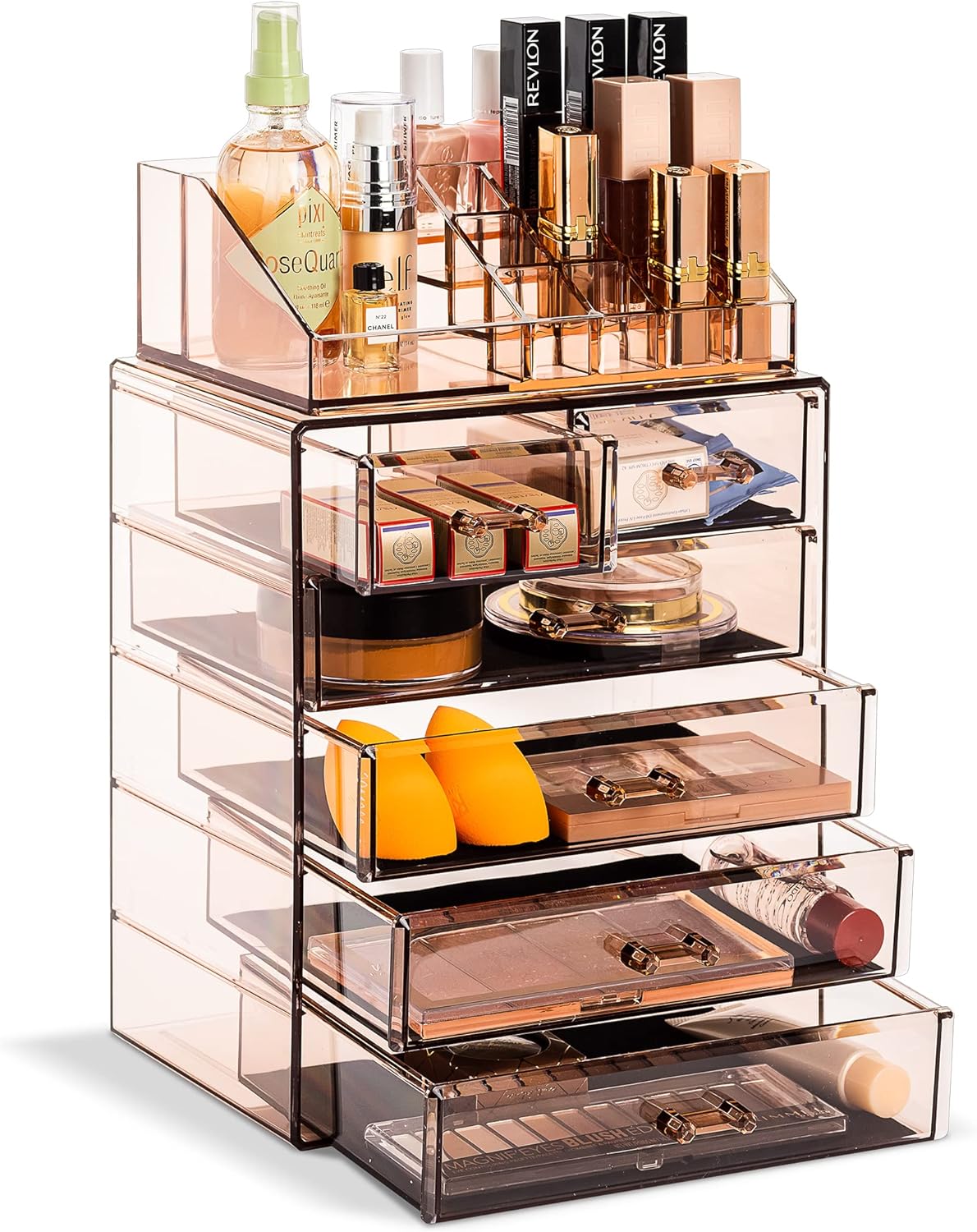 Sorbus Acrylic Makeup Organizer Set, 6-Drawer Vanity & Countertop Cosmetic Storage with Small & Wide Compartments, Bronze Glow Makeup Storage for Brushes, Jewelry – Holiday Gift for Women & Teens
