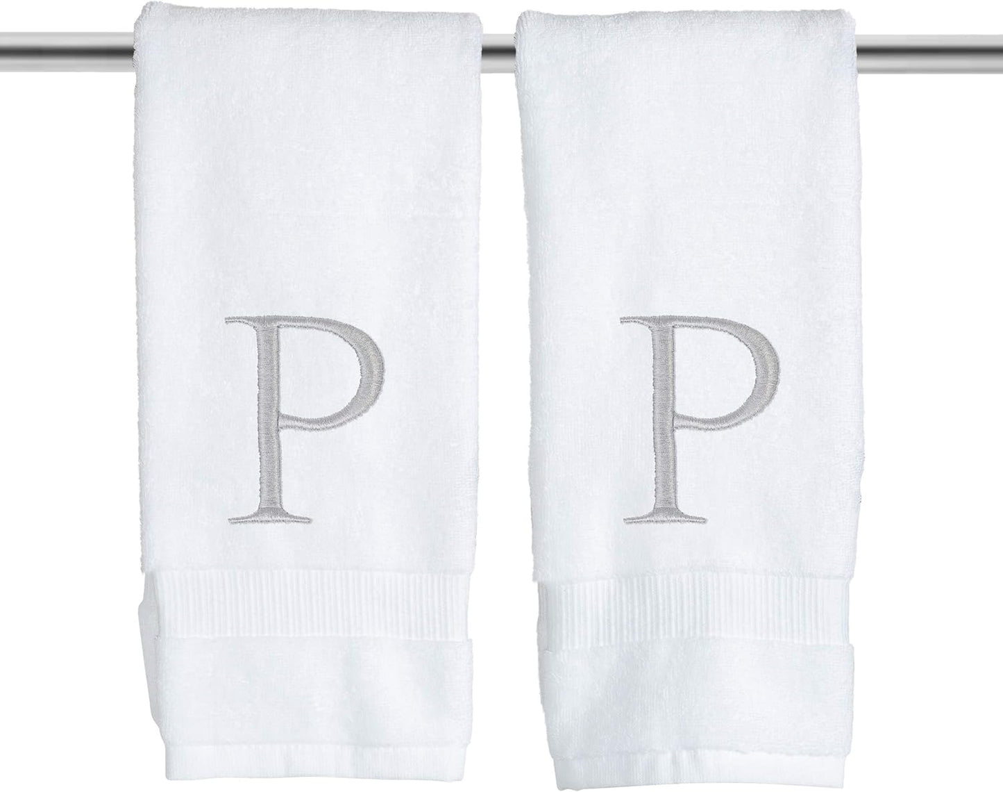 Monogrammed Hand Towels for Bathroom - Luxury Hotel Quality Personalized Initial Decorative Embroidered Bath Towel for Powder Room, Spa - GOTS Organic Certified - Set of 2 Letter P