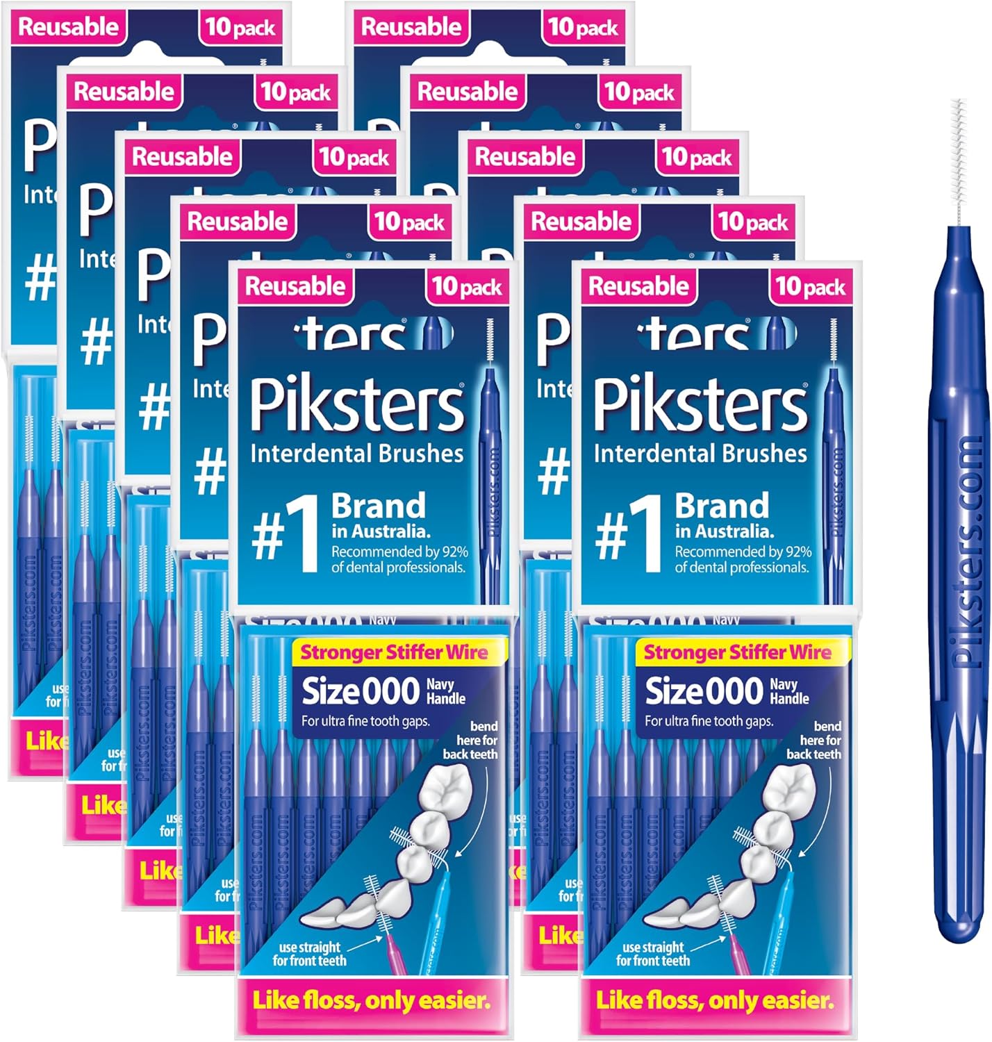 Piksters Interdental Brushes, Size 000, 100 Count (10 x 10 Packs), Interdental Tooth Brush for Extremely Tight and Fine Gaps, Gum Soft Bristles for Plaque Removal, Safe for Braces (100pk)