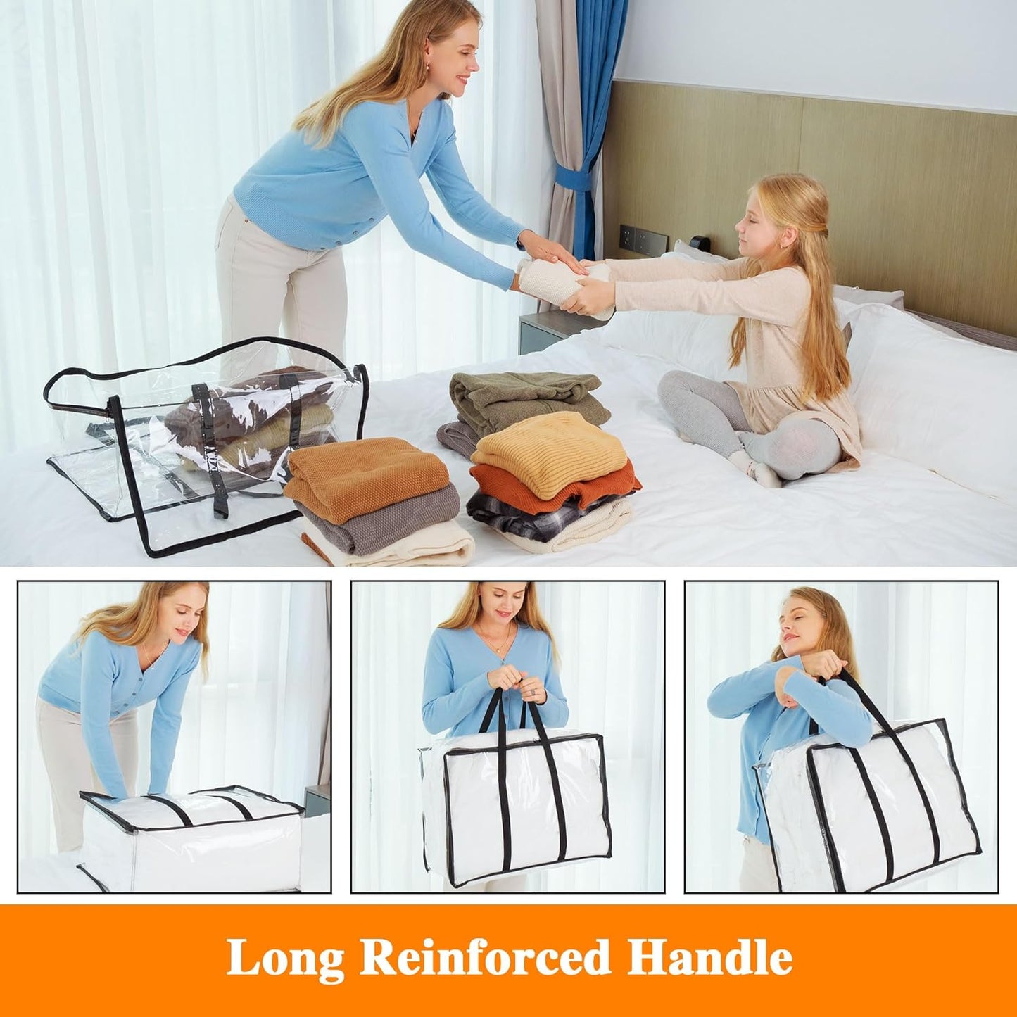 Vieshful 3 Pack Clear Clothes Storage Bag, 40L Plastic Blanket Storage Bag with Zipper, Foldable Closet Organizer, Moving bags for Comforter, Blanket, Bedding, Duvet, Toys